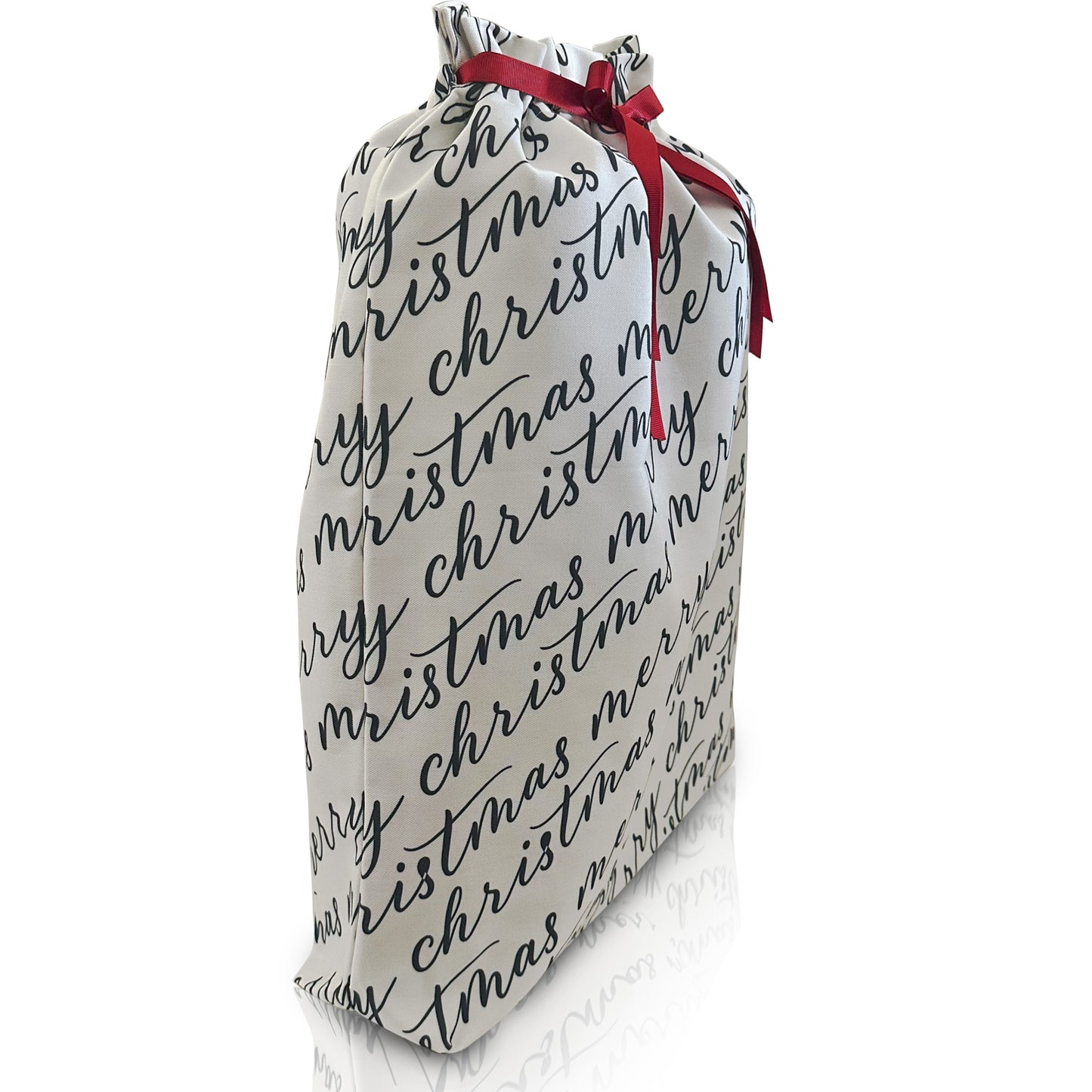 Fabric Gift bag with 'Merry Christmas' text and a red ribbon on a white background