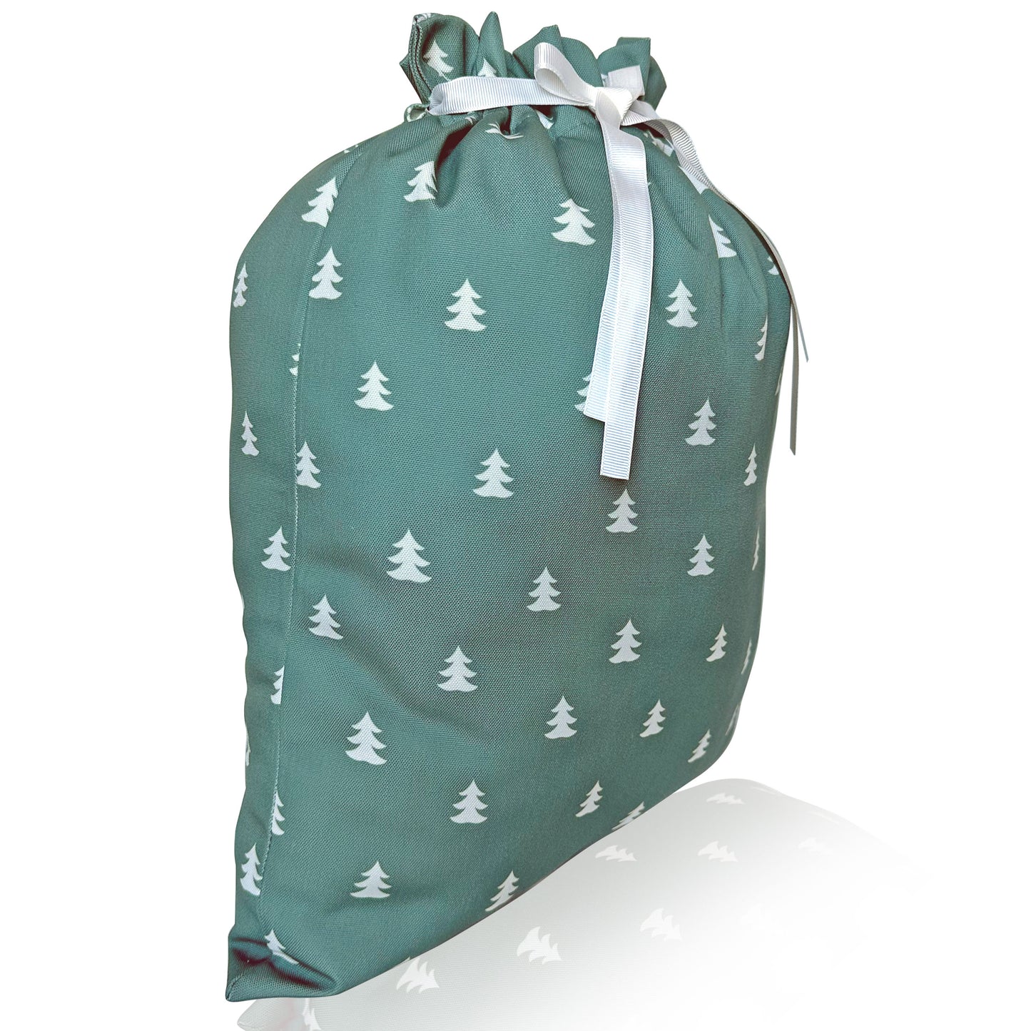 Drawstring bag with tree pattern on a green background
