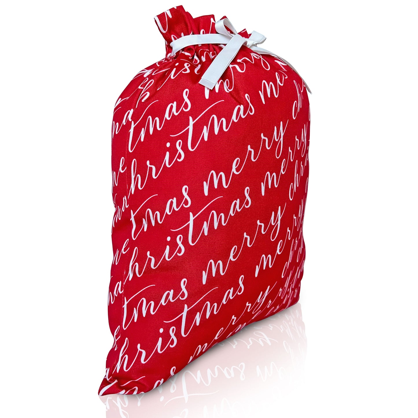 Two vibrant red fabric gift bags with 'Merry Christmas' text in white, tied with white ribbons.
