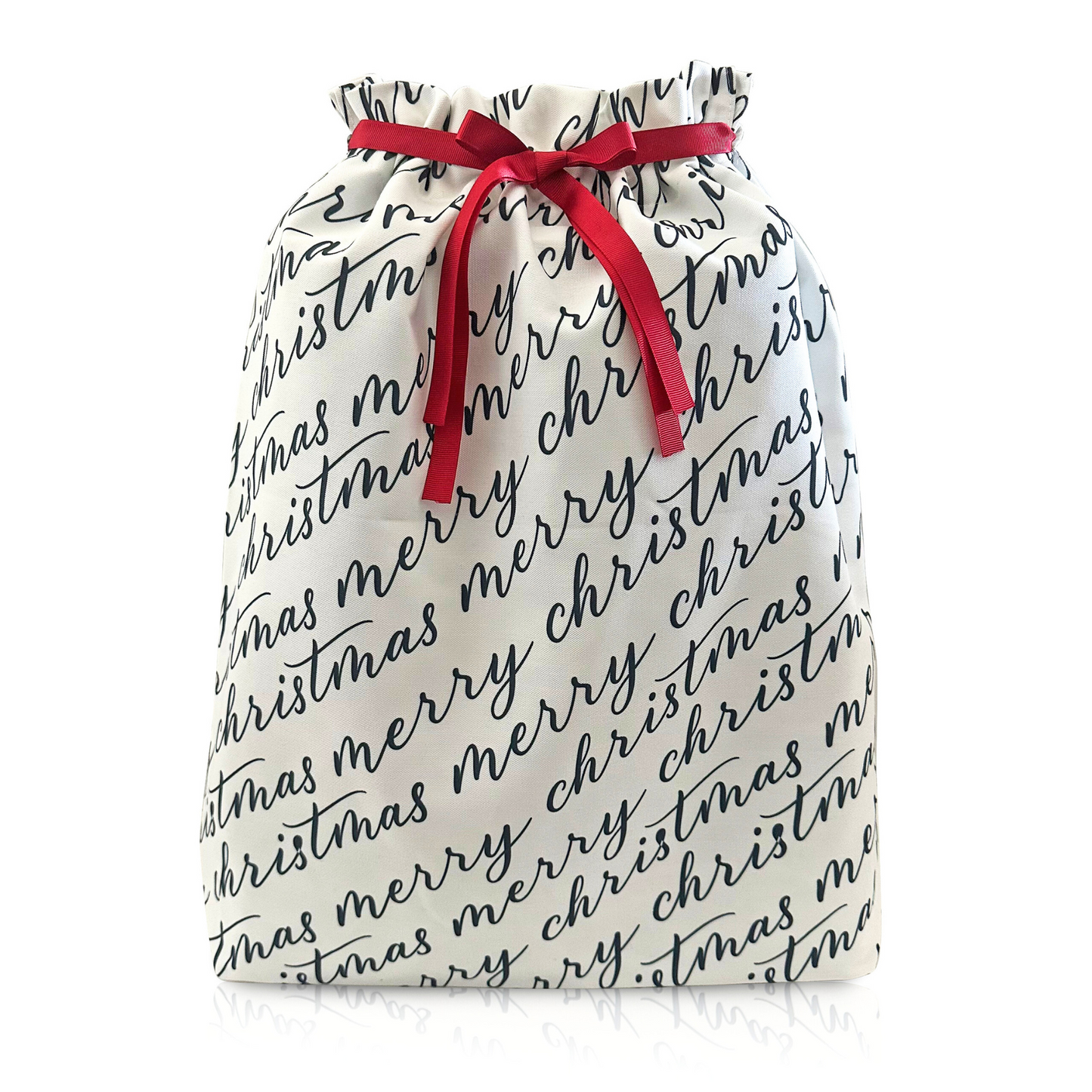 Fabric gift bag with 'Merry Christmas' text and a red ribbon on a white background