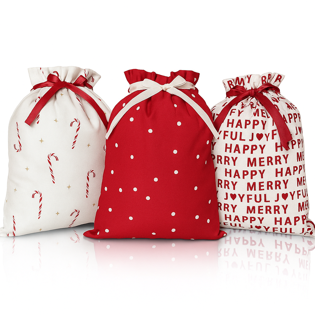 Three decorative gift bags with festive designs on a white background