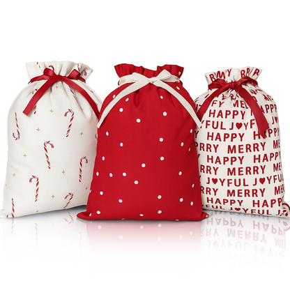 Three decorative gift bags with festive designs on a white background