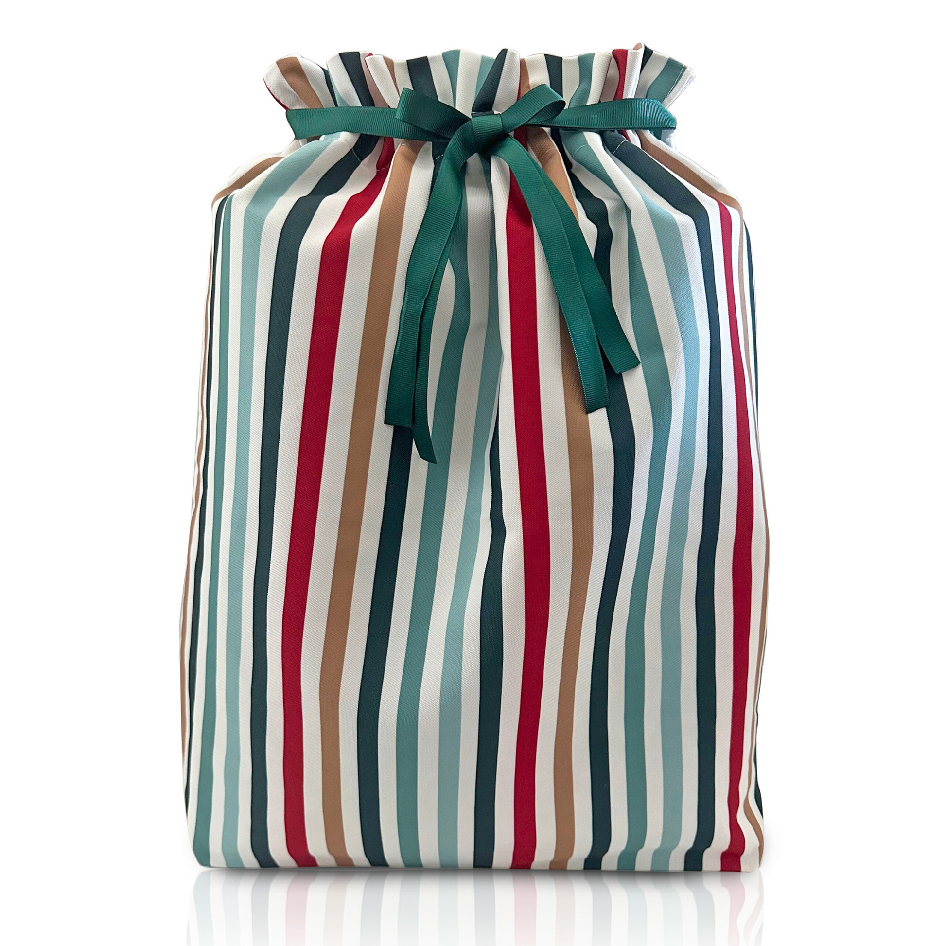 Striped fabric bag with a green ribbon on a white background