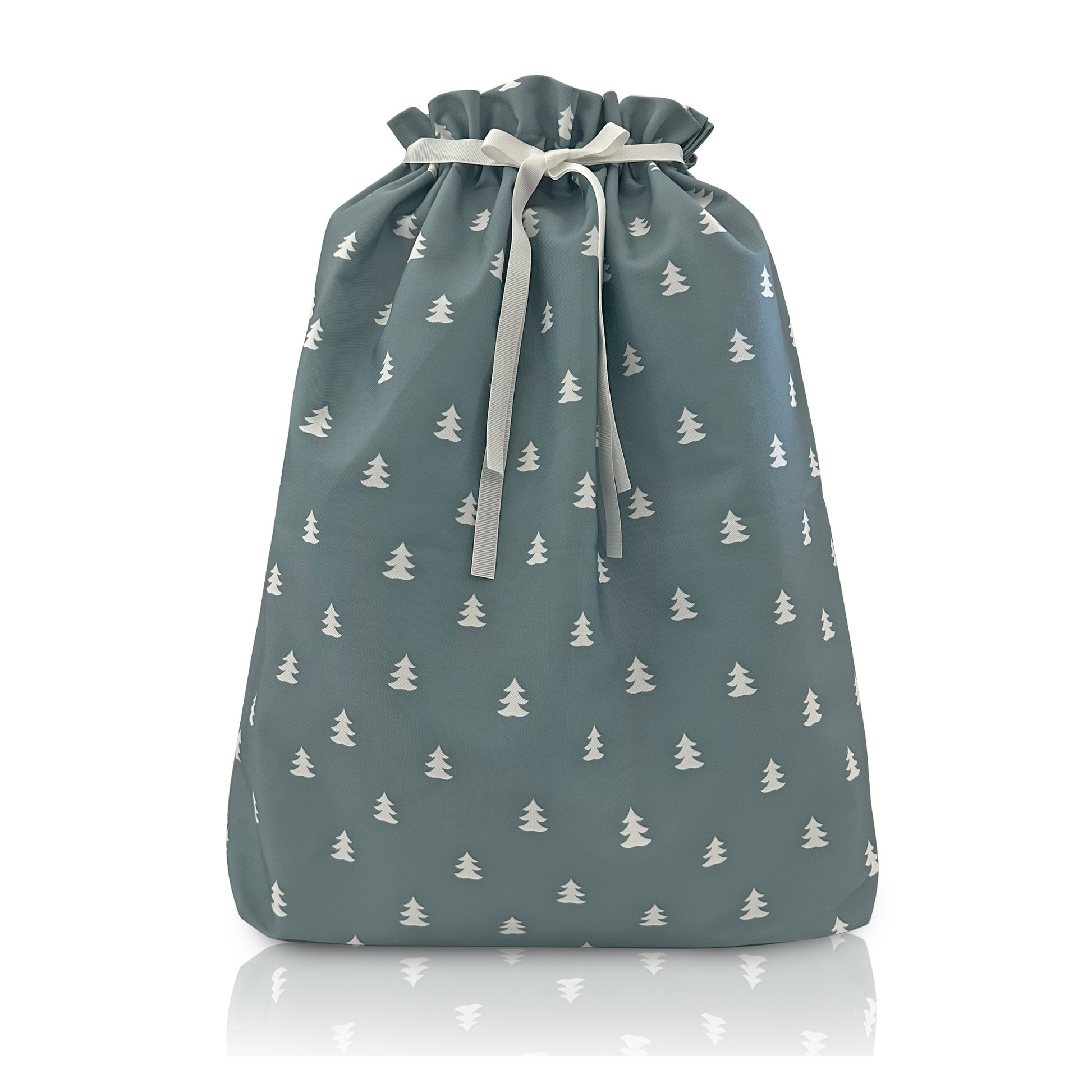 Drawstring fabric bag with tree pattern on a white background