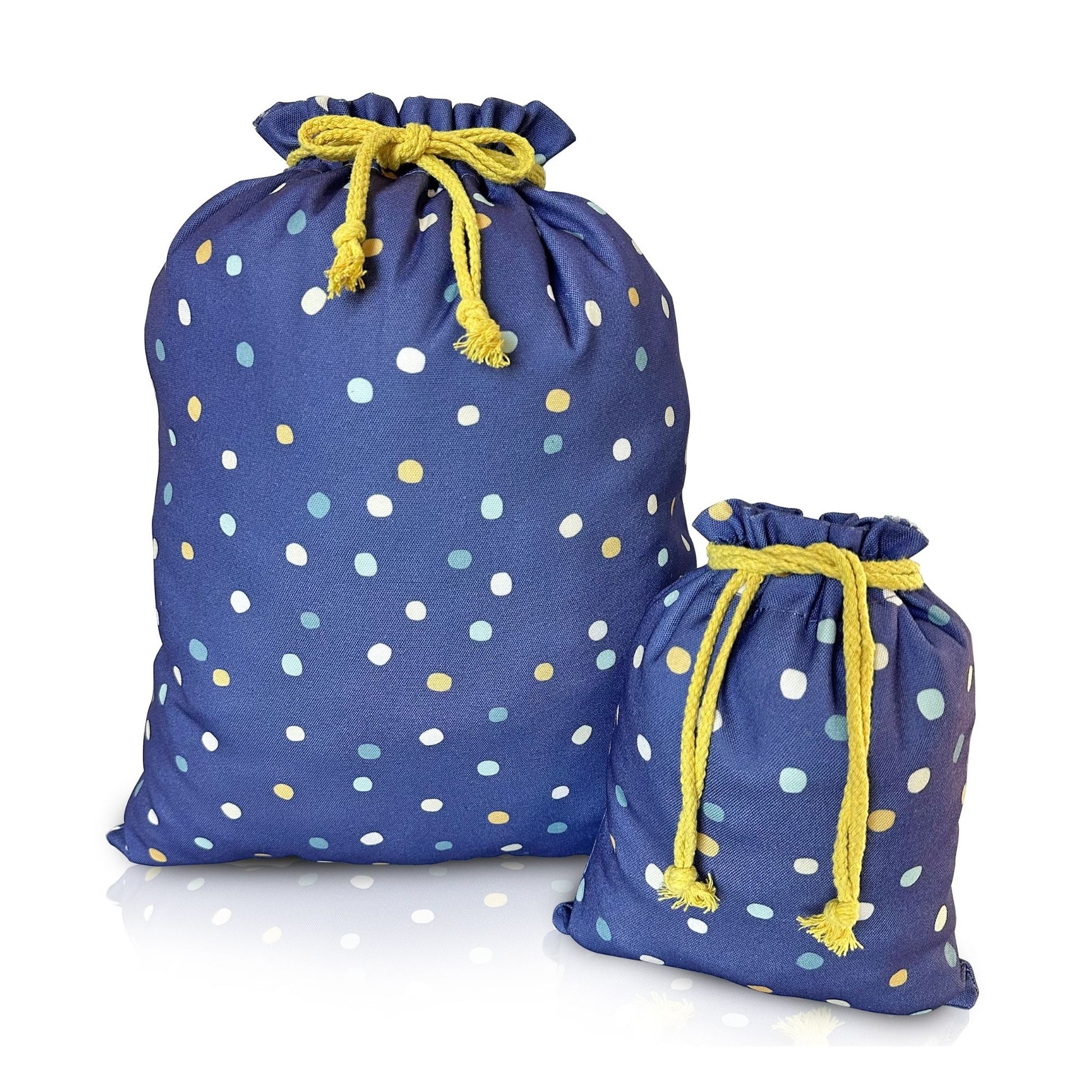 Two blue drawstring bags with yellow strings on a white background