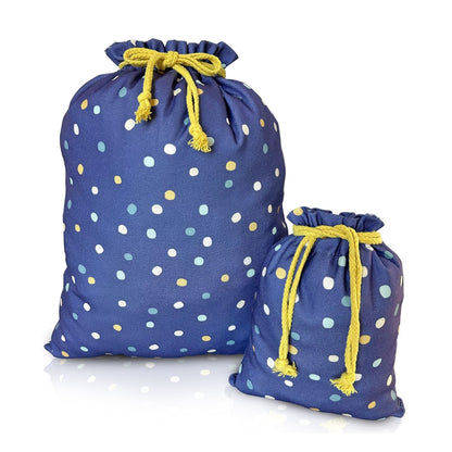 Two blue drawstring bags with yellow strings on a white background