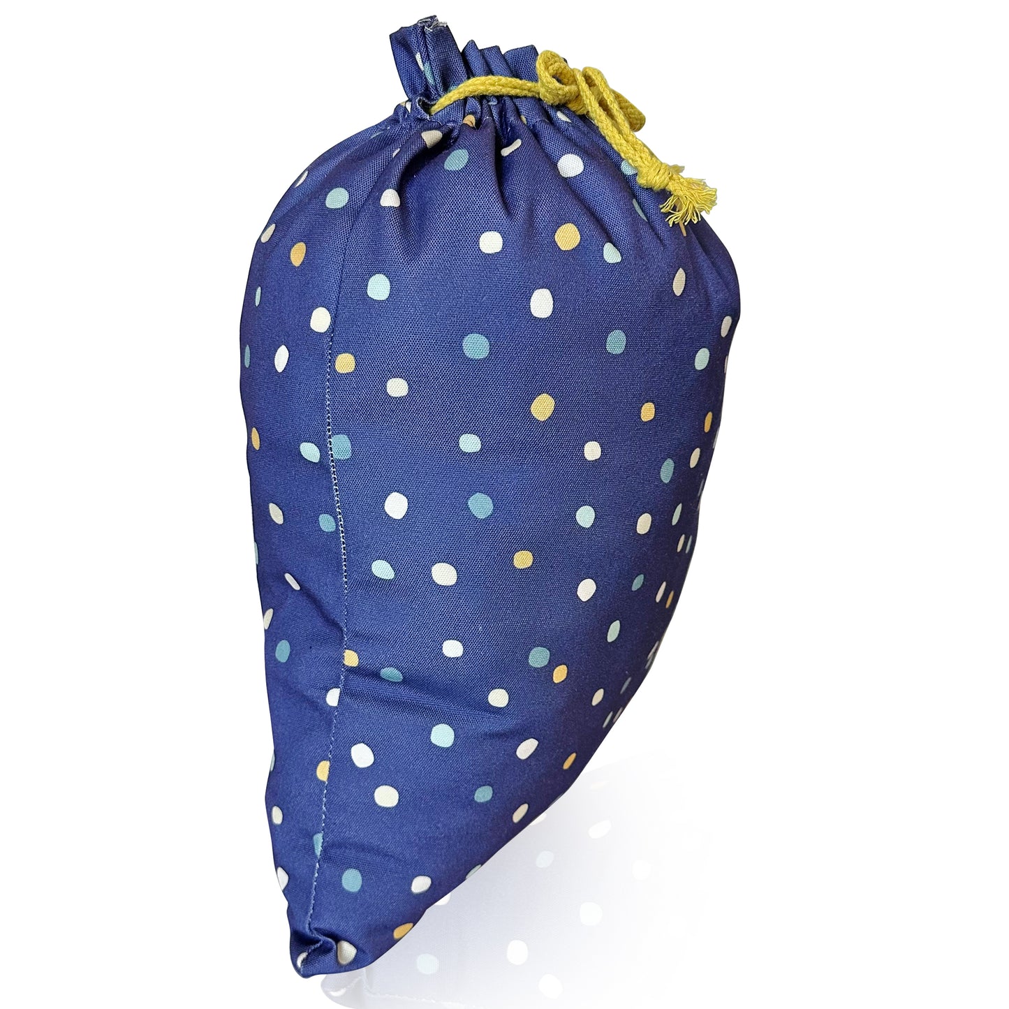 Two light blue drawstring bags with white polka dots on a white background