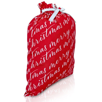Two vibrant red fabric gift bags with 'Merry Christmas' text in white, tied with white ribbons.