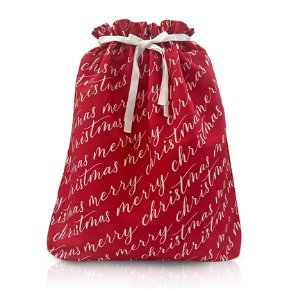 Red drawstring bag with 'Merry Christmas' text on a white background