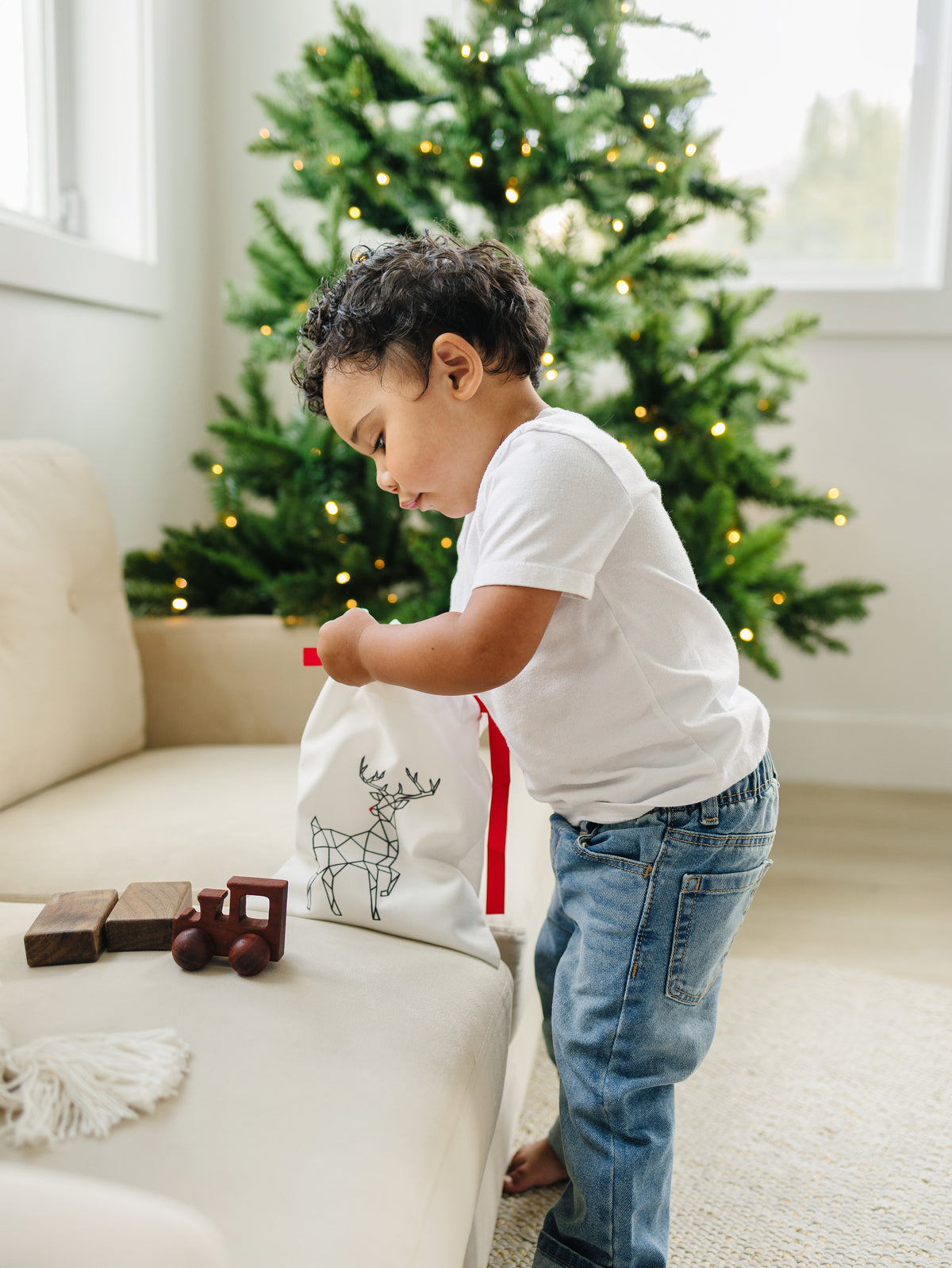 Toddler boy opening gifts from a reindeer silhouette fabric gift bag