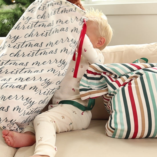Two fabric gift bags with 'Merry Christmas' text in black calligraphy and stripes, each adorned with grosgrain ribbon.